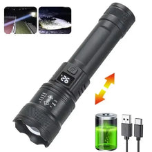 Load image into Gallery viewer, High Strong Power Led Flashlights 300000LM Tactical Torch with Display Light USB Charging Camping Fishing Defensa Zoom Lantern